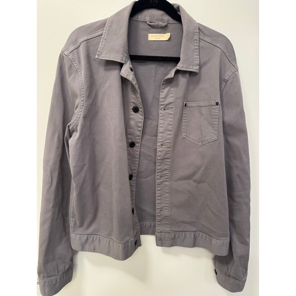 All Saint's Trucker Jacket Mens M Gray Cotton Denim Button Front Outdoor Stretch